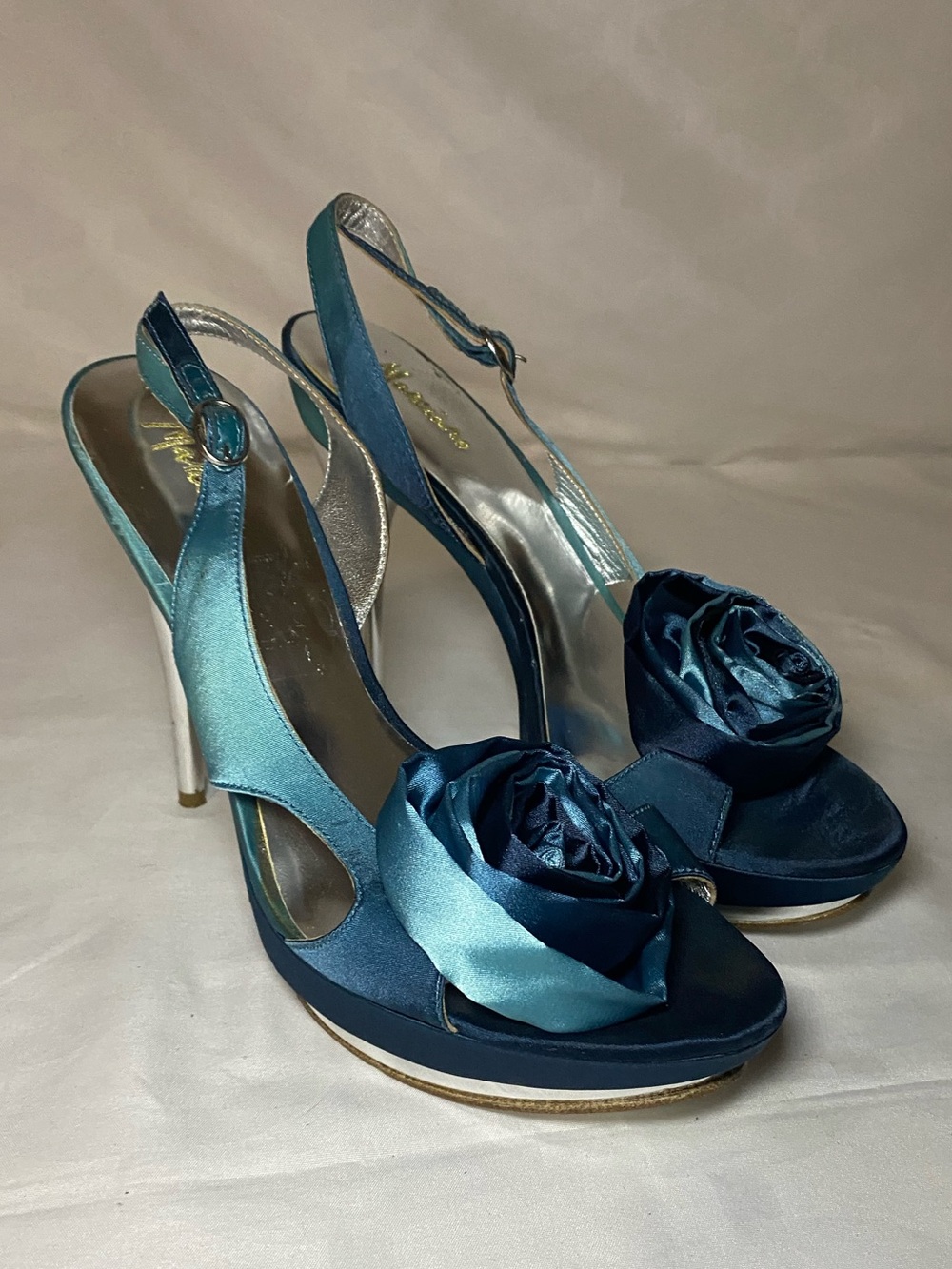 Marciano Teal Satin Slingback Heels with Rosette Accent